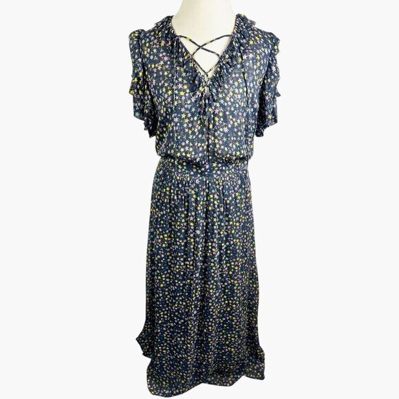Zadig & Voltaire Blue Star Print Dress Chiffon Short Slvs Maxi Boho Size M - Picture 1 of 14